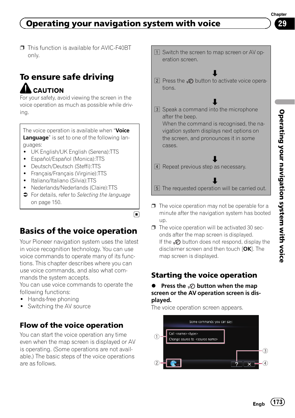 Basics of the voice operation, Flow of the voice operation 173, Starting the voice operation 173 | Operating your navigation system with voice, Flow of the voice operation, Starting the voice operation | Pioneer AVIC-F840BT User Manual | Page 173 / 220