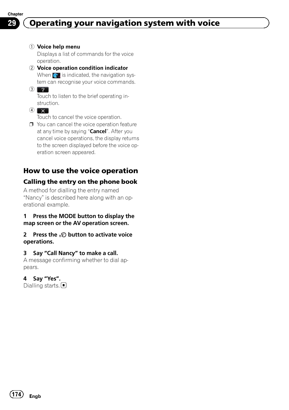 How to use the voice operation 174, 29 operating your navigation system with voice, How to use the voice operation | Pioneer AVIC-F840BT User Manual | Page 174 / 220