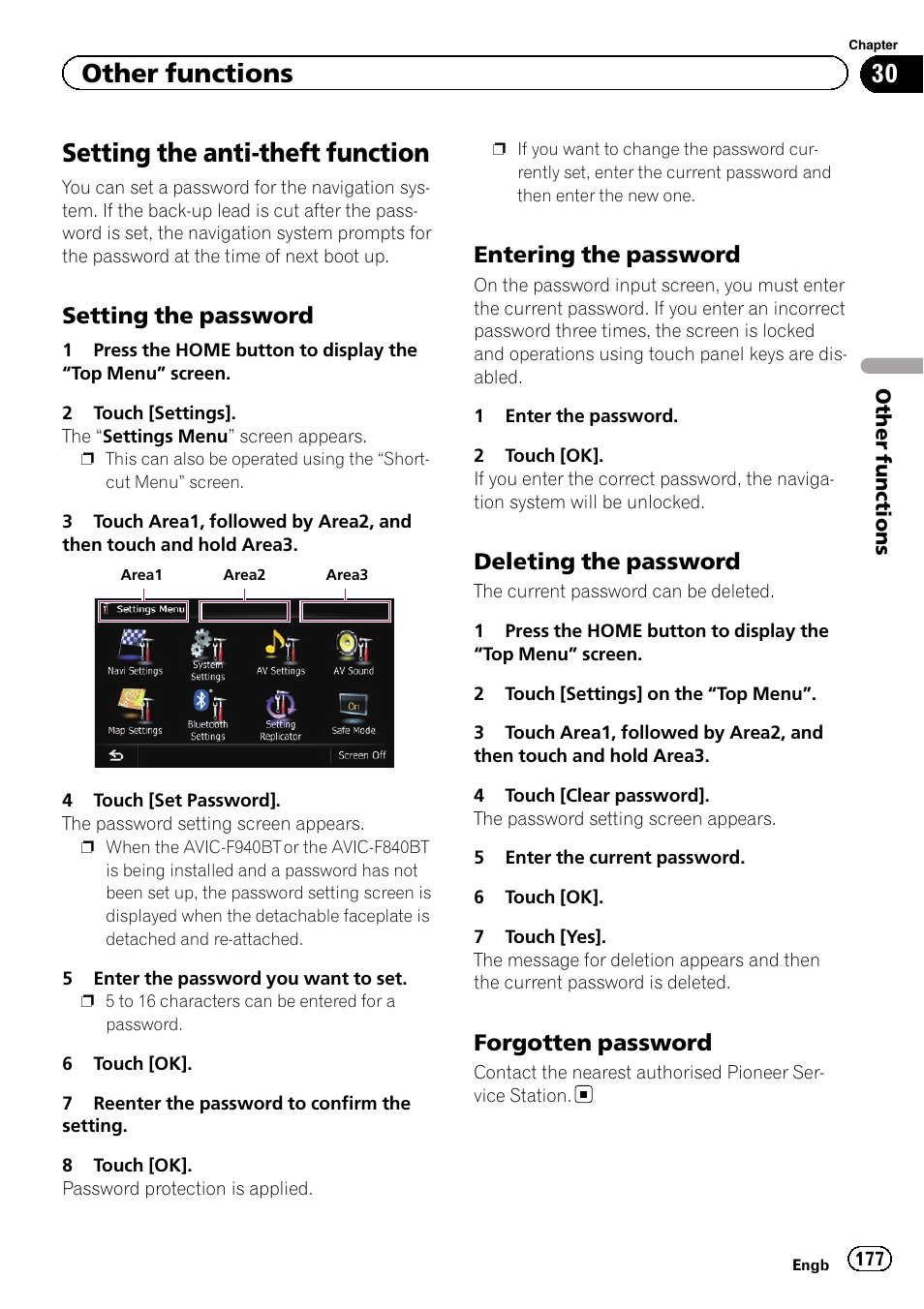 Other functions setting the anti-theft function, Setting the password 177, Entering the password 177 | Deleting the password 177, Forgotten password 177, Setting the anti-theft function, Other functions, Setting the password, Entering the password, Deleting the password | Pioneer AVIC-F840BT User Manual | Page 177 / 220