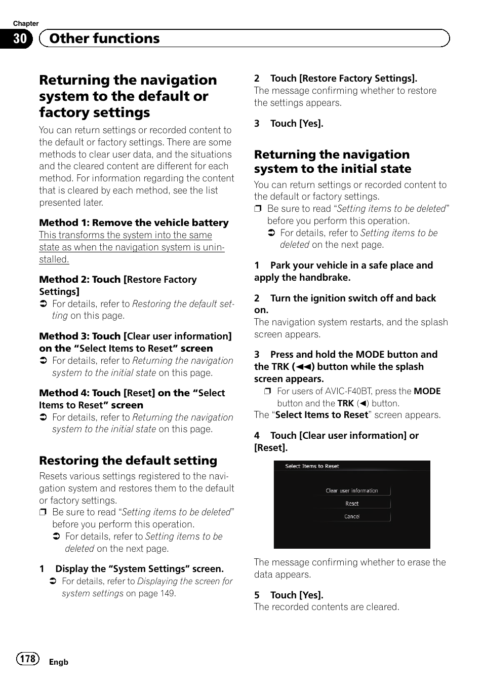 Returning the navigation system to the, Default or factory settings, Restoring the default setting 178 | Initial state, 30 other functions, Restoring the default setting | Pioneer AVIC-F840BT User Manual | Page 178 / 220