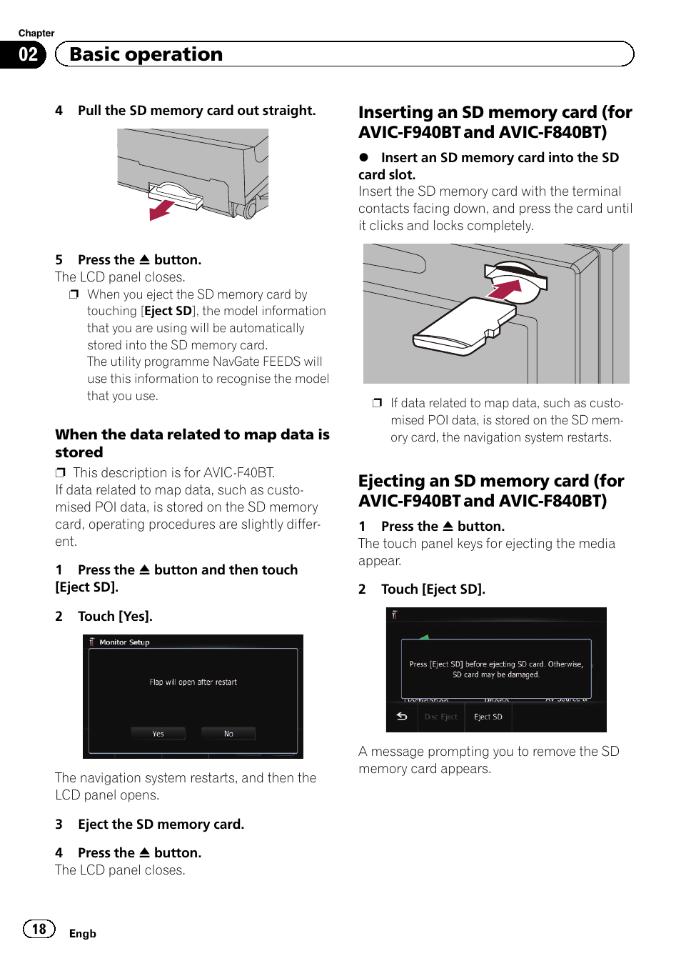 Inserting an sd memory card (for avic, F940bt and avic-f840bt), Ejecting an sd memory card (for avic | 02 basic operation | Pioneer AVIC-F840BT User Manual | Page 18 / 220