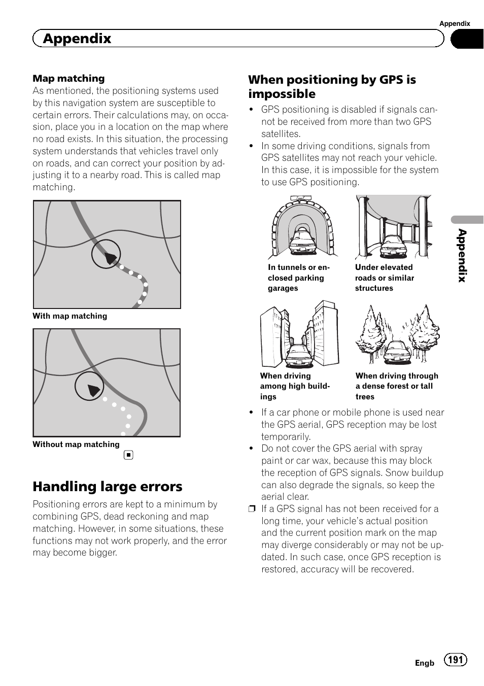 Handling large errors, When positioning by gps is, Impossible | Appendix, When positioning by gps is impossible | Pioneer AVIC-F840BT User Manual | Page 191 / 220