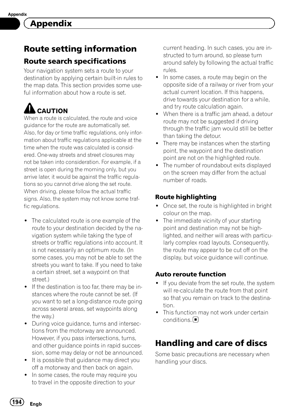 Route setting information, Route search specifications 194, Handling and care of discs | Appendix, Route search specifications | Pioneer AVIC-F840BT User Manual | Page 194 / 220