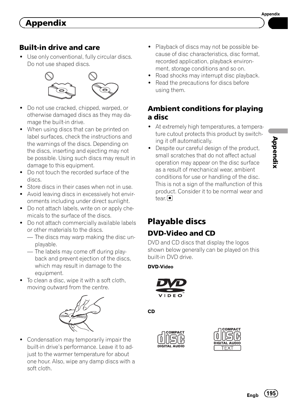 Built-in drive and care 195, Ambient conditions for playing a, Disc | Playable discs, Dvd-video and cd 195, Appendix, Built-in drive and care, Ambient conditions for playing a disc, Dvd-video and cd | Pioneer AVIC-F840BT User Manual | Page 195 / 220
