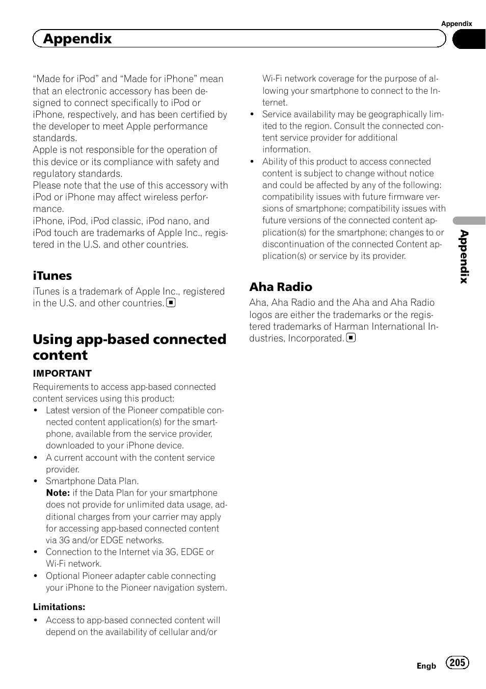 Itunes 205, Using app-based connected content, Aha radio 205 | Using app-based connected, Content, Using app-based con, Appendix, Itunes, Aha radio | Pioneer AVIC-F840BT User Manual | Page 205 / 220
