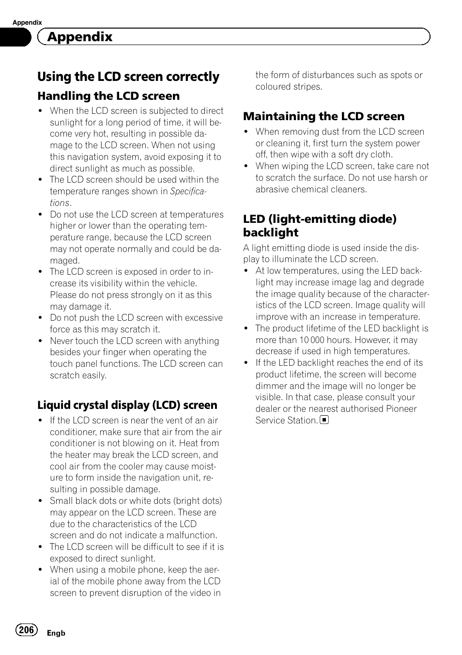 Using the lcd screen correctly, Handling the lcd screen 206, Liquid crystal display (lcd) | Screen, Maintaining the lcd screen 206, Led (light-emitting diode), Backlight, Appendix | Pioneer AVIC-F840BT User Manual | Page 206 / 220
