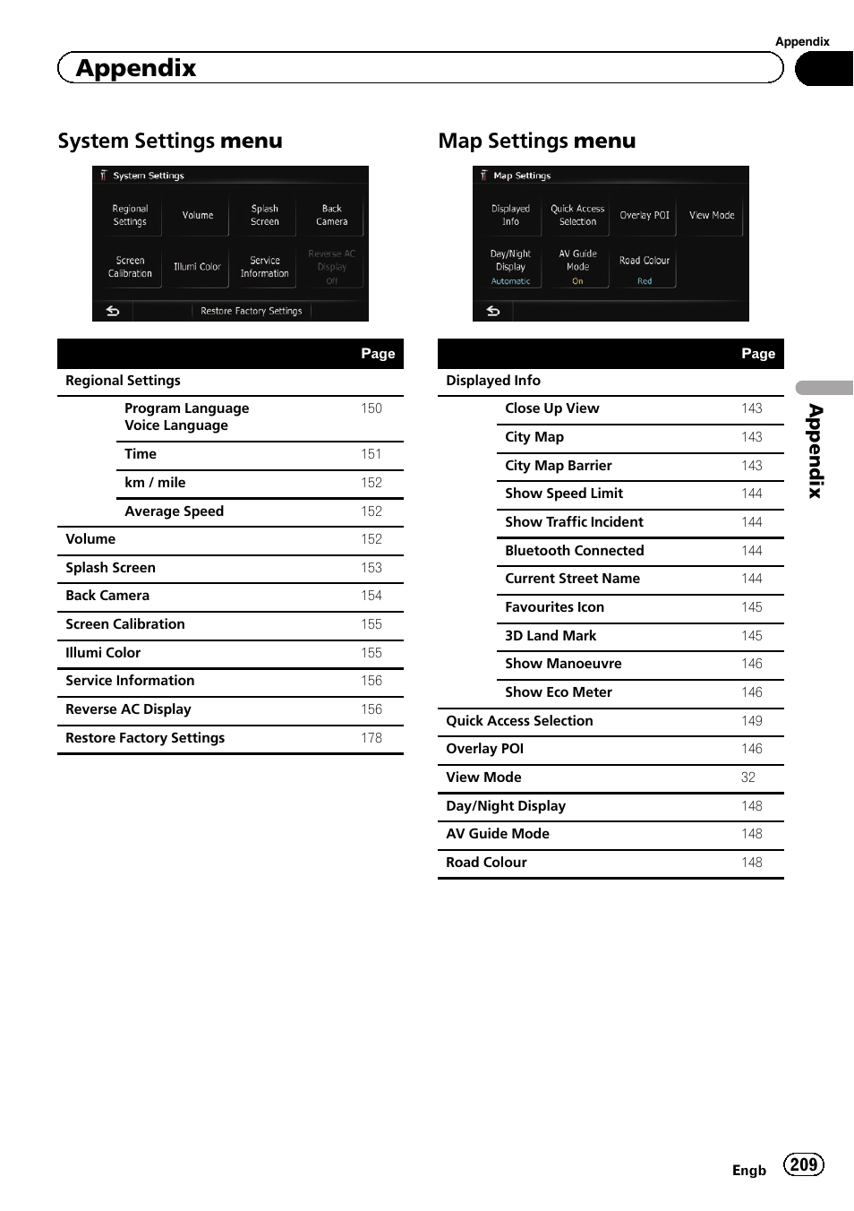 System settings menu 209, Map settings menu 209, System settings menu | Map settings menu, Appendix | Pioneer AVIC-F840BT User Manual | Page 209 / 220