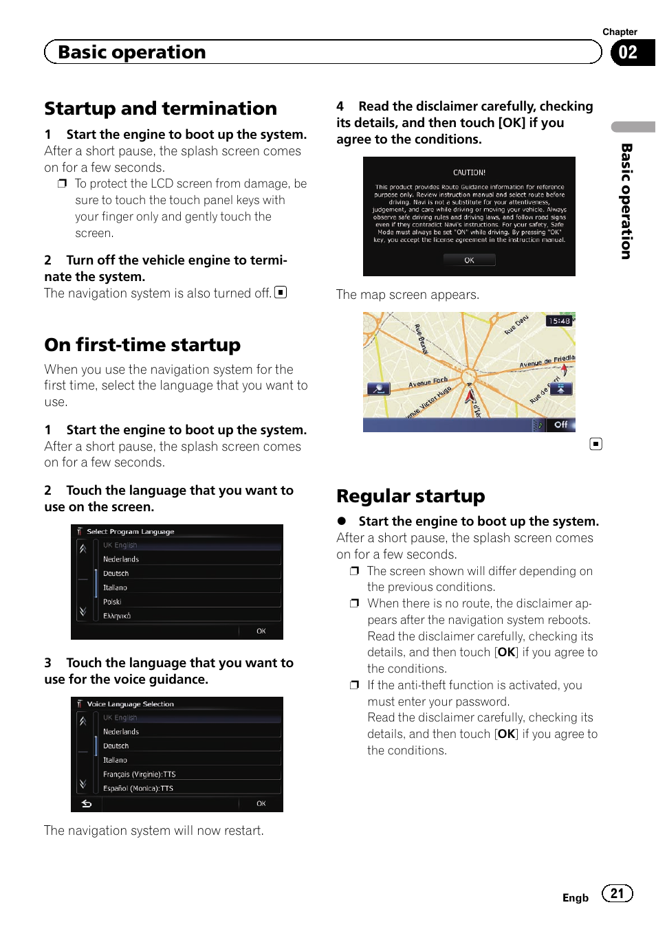 Startup and termination, On first-time startup, Regular startup | Basic operation | Pioneer AVIC-F840BT User Manual | Page 21 / 220