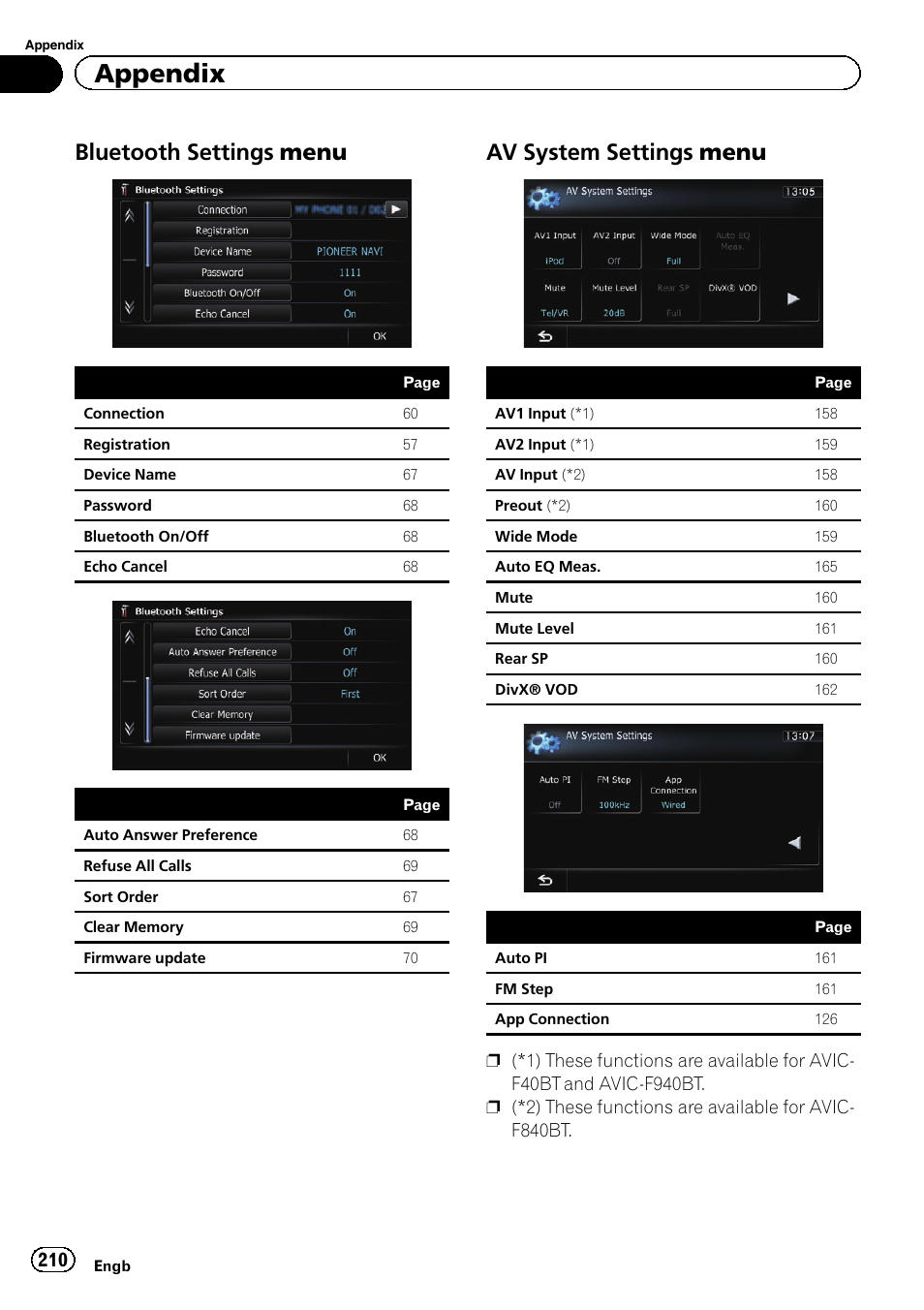 Bluetooth settings menu 210, Av system settings menu 210, Appendix | Bluetooth settings menu, Av system settings menu | Pioneer AVIC-F840BT User Manual | Page 210 / 220