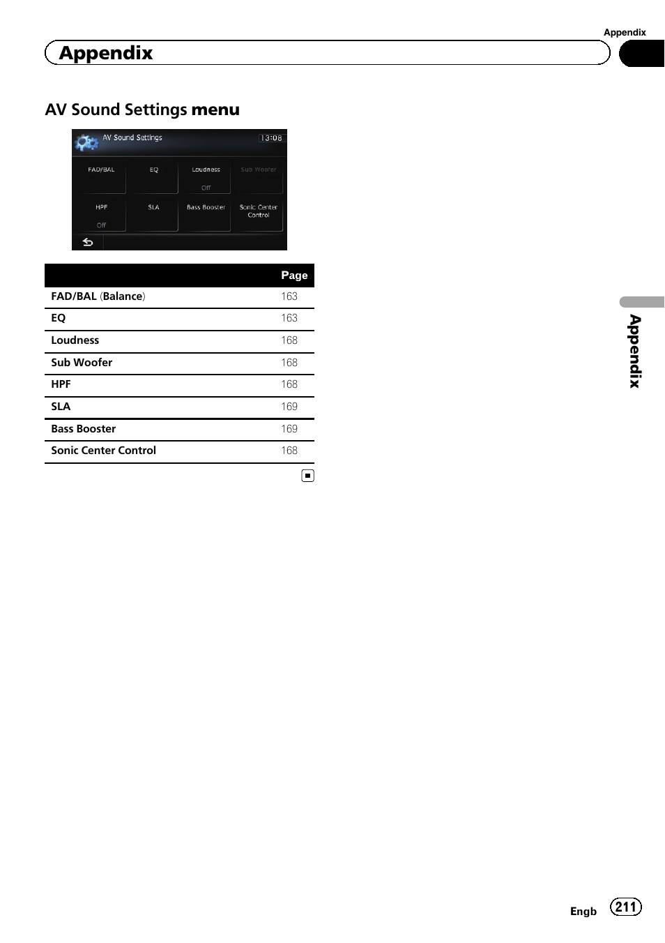 Av sound settings menu 211, Av sound settings menu, Appendix | Pioneer AVIC-F840BT User Manual | Page 211 / 220