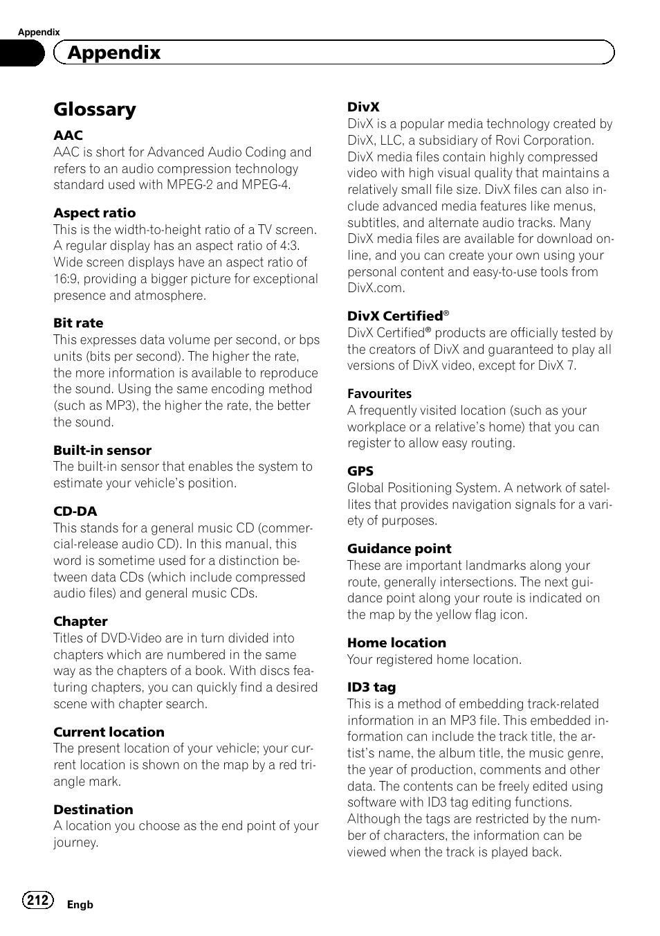 Glossary, Appendix | Pioneer AVIC-F840BT User Manual | Page 212 / 220