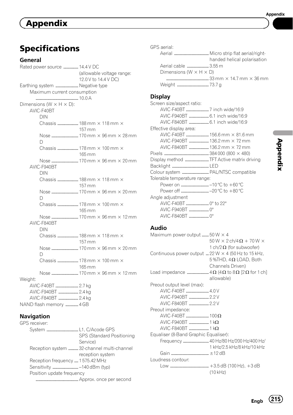 Specifications, Appendix, General | Navigation, Display, Audio | Pioneer AVIC-F840BT User Manual | Page 215 / 220