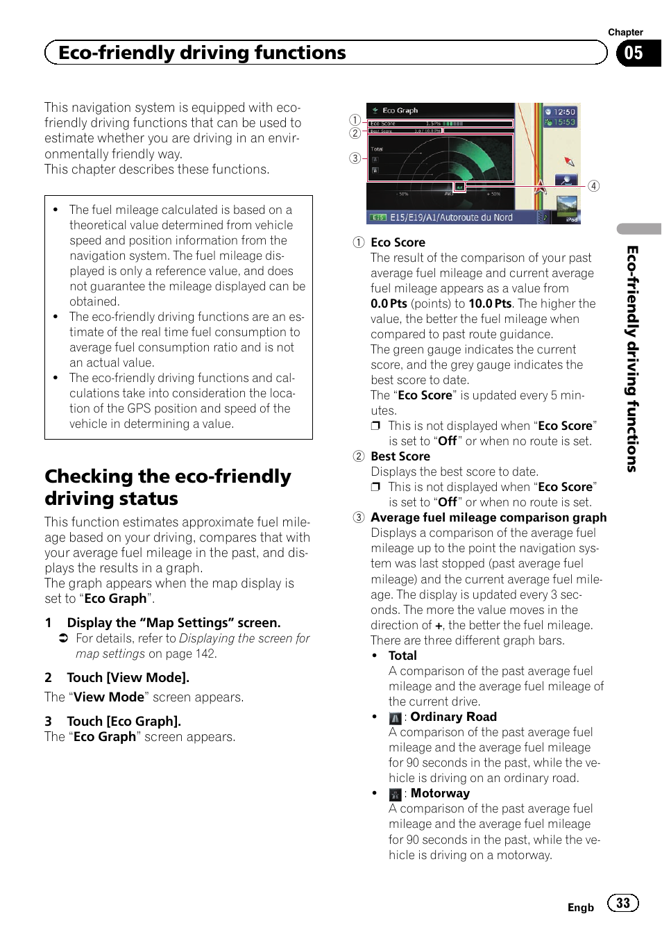 Checking the eco, Checking the eco-friendly driving status, Eco-friendly driving functions | Pioneer AVIC-F840BT User Manual | Page 33 / 220