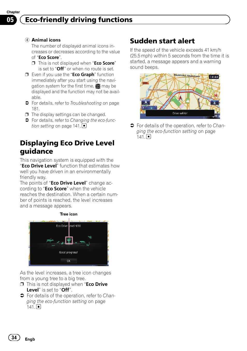 Displaying eco drive level guidance, Sudden start alert, 05 eco-friendly driving functions | Pioneer AVIC-F840BT User Manual | Page 34 / 220