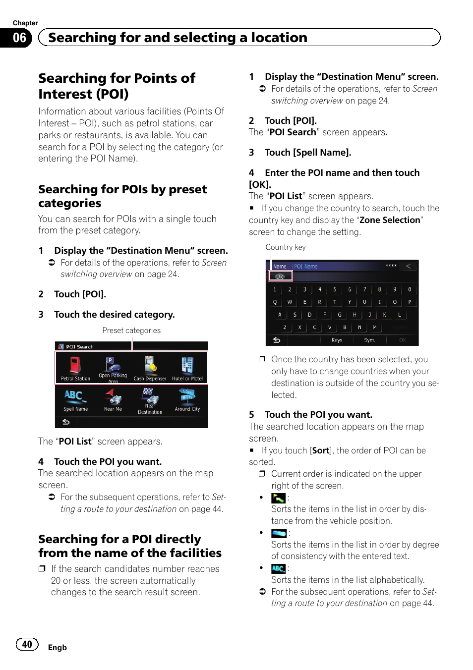 Searching for points of interest (poi), Searching for pois by preset, Categories | Searching for a poi directly from the, Name of the facilities, 06 searching for and selecting a location, Searching for pois by preset categories | Pioneer AVIC-F840BT User Manual | Page 40 / 220