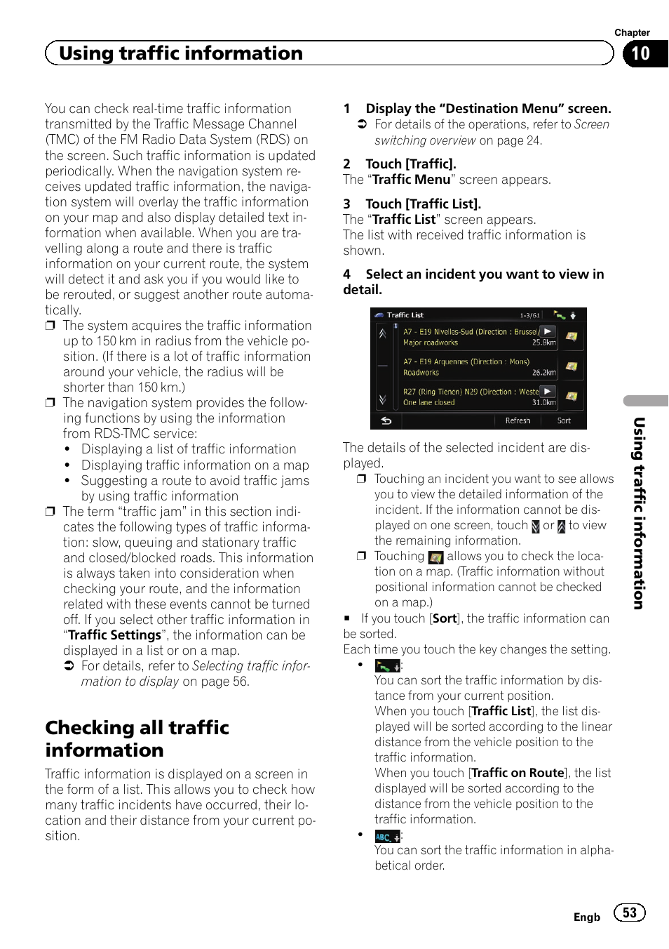 Checking all traffic information, Using traffic information | Pioneer AVIC-F840BT User Manual | Page 53 / 220