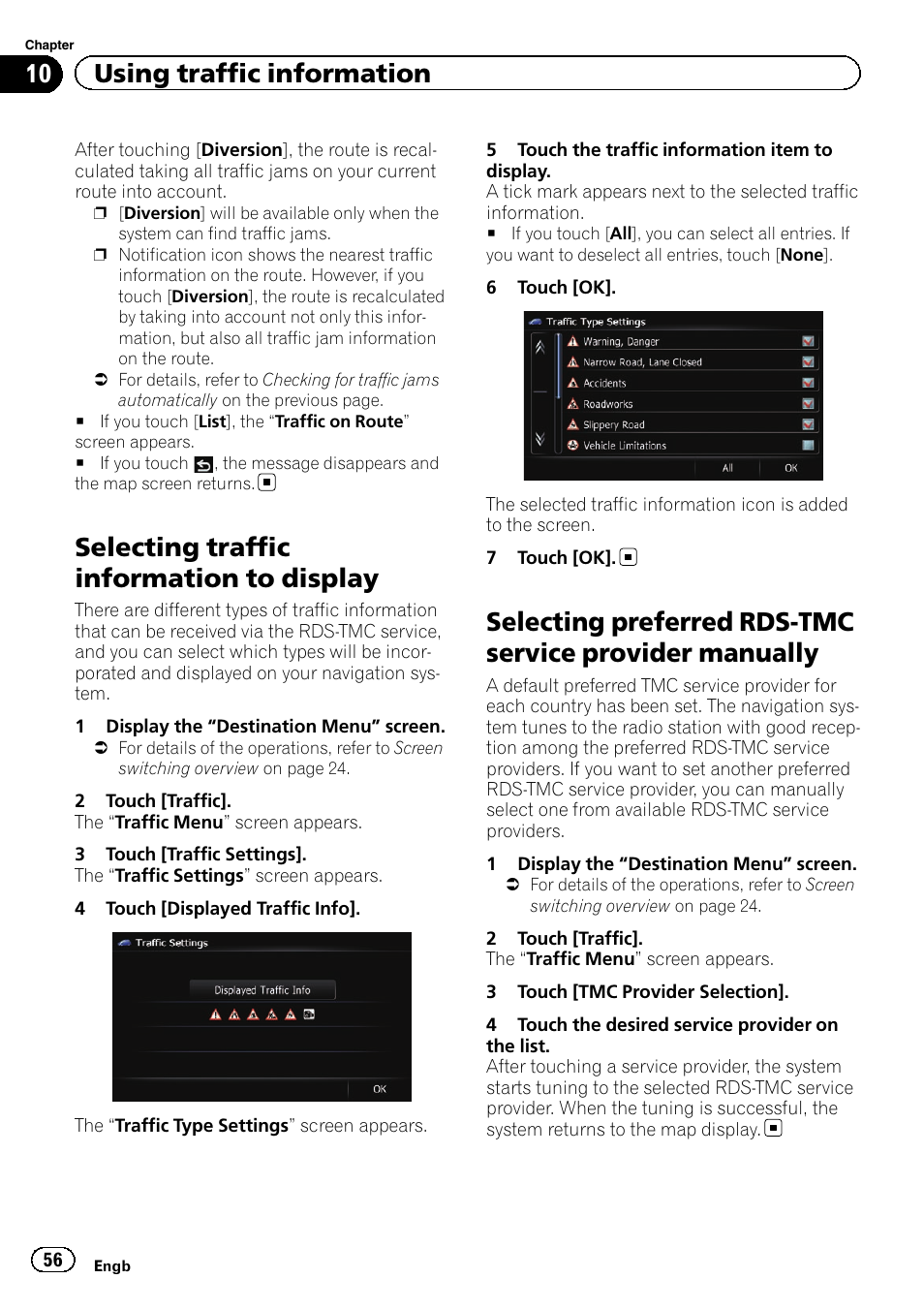Selecting traffic information to display, Selecting preferred rds-tmc service, Provider manually | Selecting traffic infor, 10 using traffic information | Pioneer AVIC-F840BT User Manual | Page 56 / 220