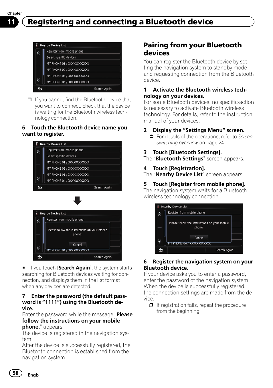 Pairing from your bluetooth, Devices, 11 registering and connecting a bluetooth device | Pairing from your bluetooth devices | Pioneer AVIC-F840BT User Manual | Page 58 / 220