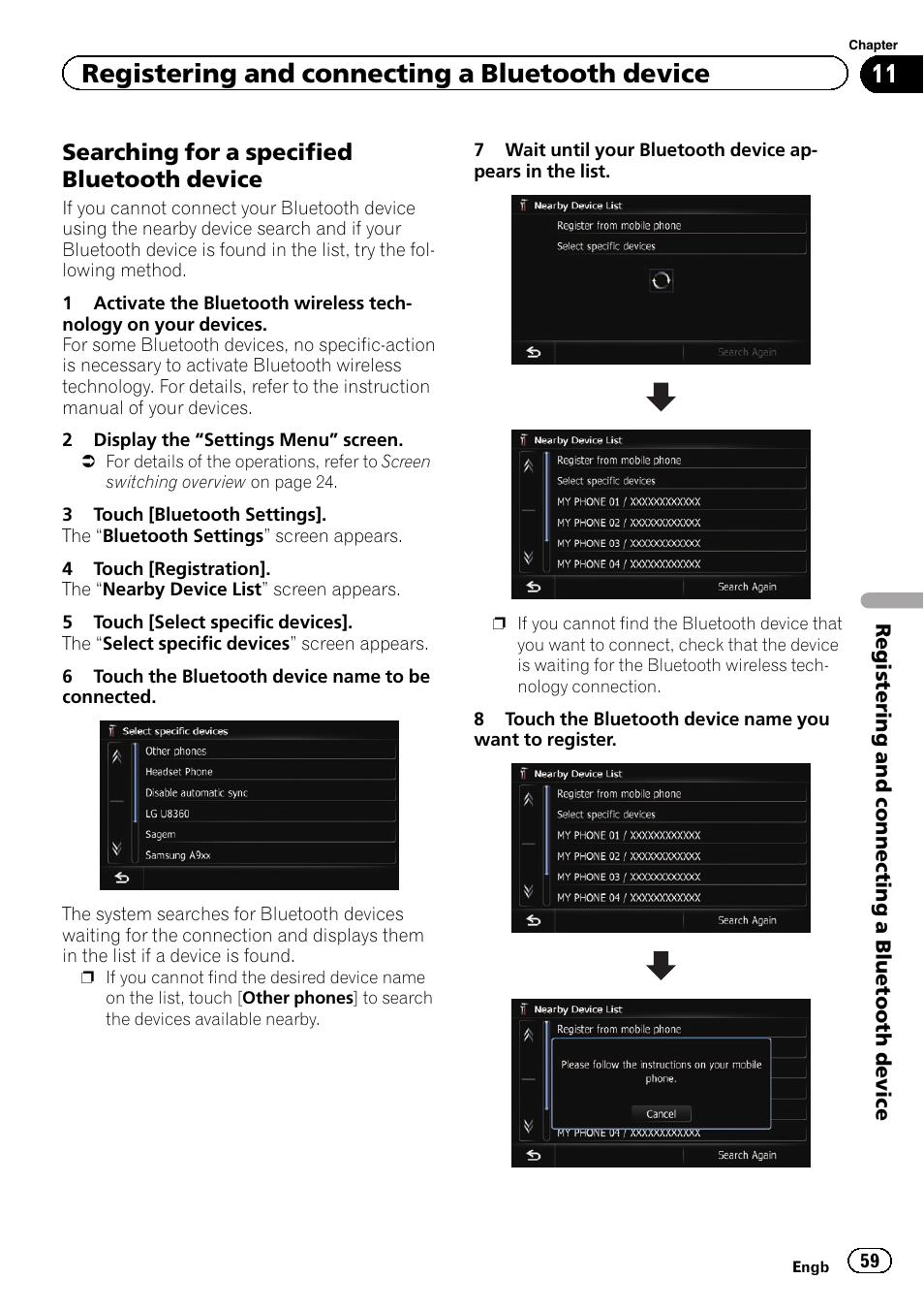 Searching for a specified bluetooth, Device, Registering and connecting a bluetooth device | Searching for a specified bluetooth device | Pioneer AVIC-F840BT User Manual | Page 59 / 220