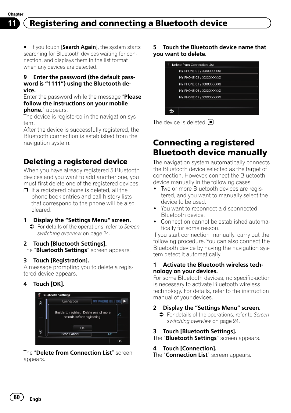 Deleting a registered device 60, Connecting a registered bluetooth device, Manually | Deleting a registered, Connecting a registered bluetooth device manually, 11 registering and connecting a bluetooth device, Deleting a registered device | Pioneer AVIC-F840BT User Manual | Page 60 / 220