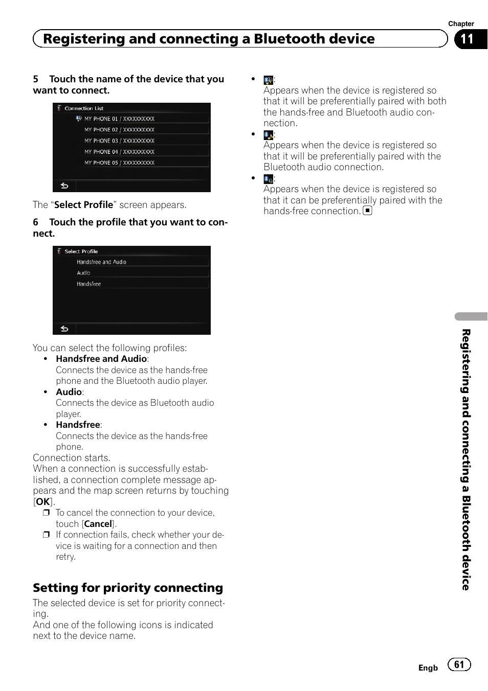 Setting for priority connecting 61, Registering and connecting a bluetooth device, Setting for priority connecting | Pioneer AVIC-F840BT User Manual | Page 61 / 220