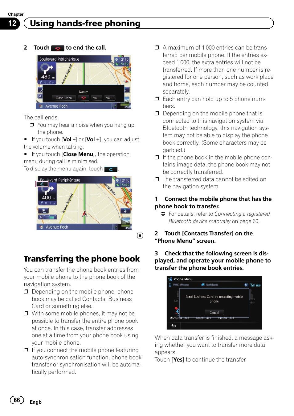 Transferring the phone book, Transferring the phone, 12 using hands-free phoning | Pioneer AVIC-F840BT User Manual | Page 66 / 220