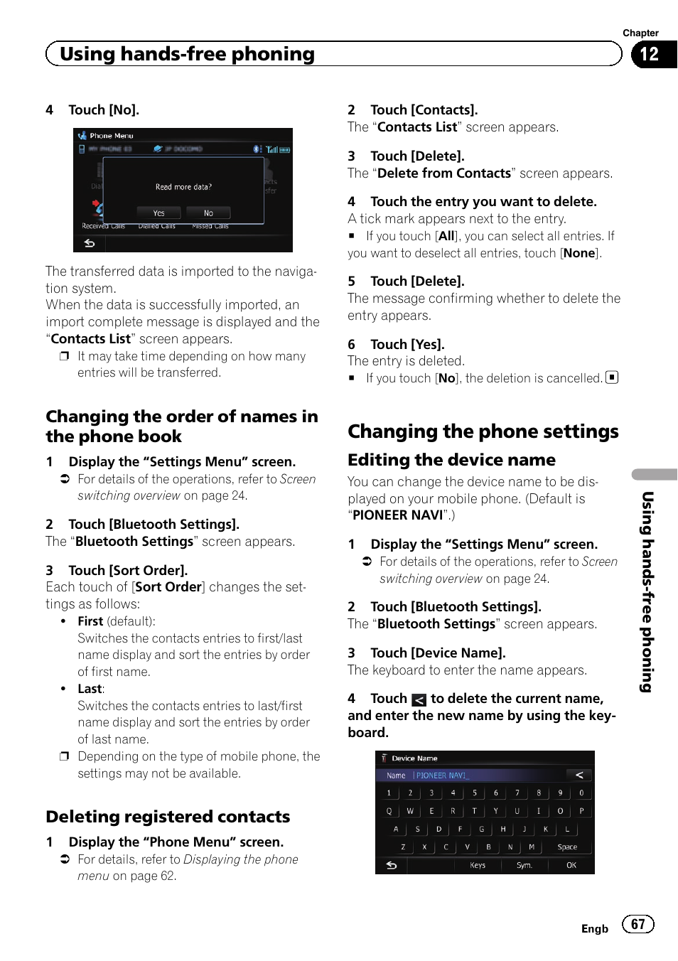 Changing the order of names in the, Phone book, Deleting registered contacts 67 | Changing the phone settings, Editing the device name 67, Using hands-free phoning, Changing the order of names in the phone book, Deleting registered contacts, Editing the device name | Pioneer AVIC-F840BT User Manual | Page 67 / 220