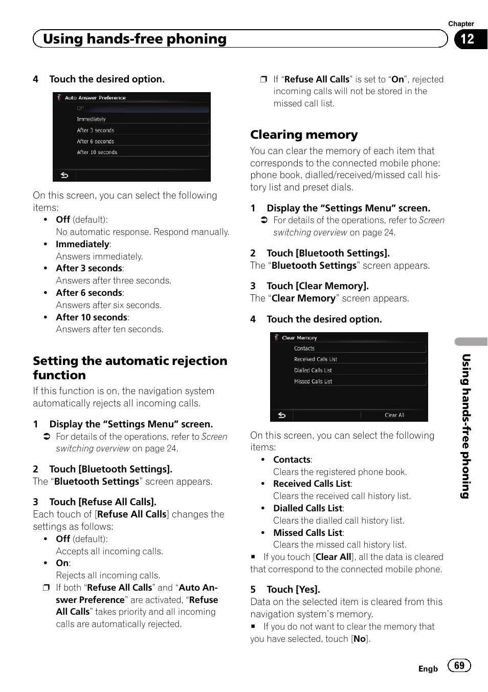 Setting the automatic rejection, Function, Clearing memory 69 | Using hands-free phoning, Setting the automatic rejection function | Pioneer AVIC-F840BT User Manual | Page 69 / 220