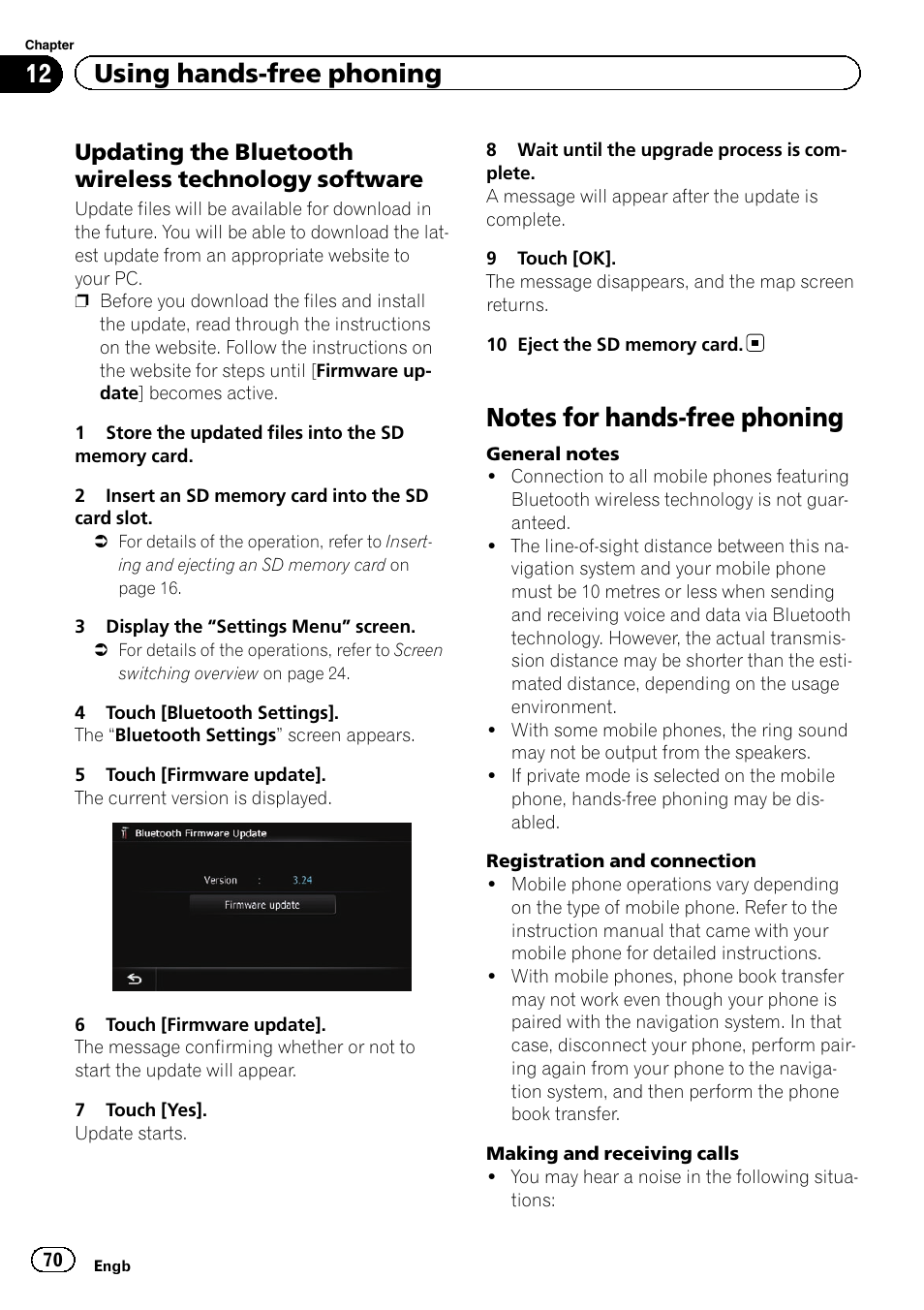 Updating the bluetooth wireless, Technology software, Notes for hands-free phoning | Notes for hands-free, 12 using hands-free phoning | Pioneer AVIC-F840BT User Manual | Page 70 / 220
