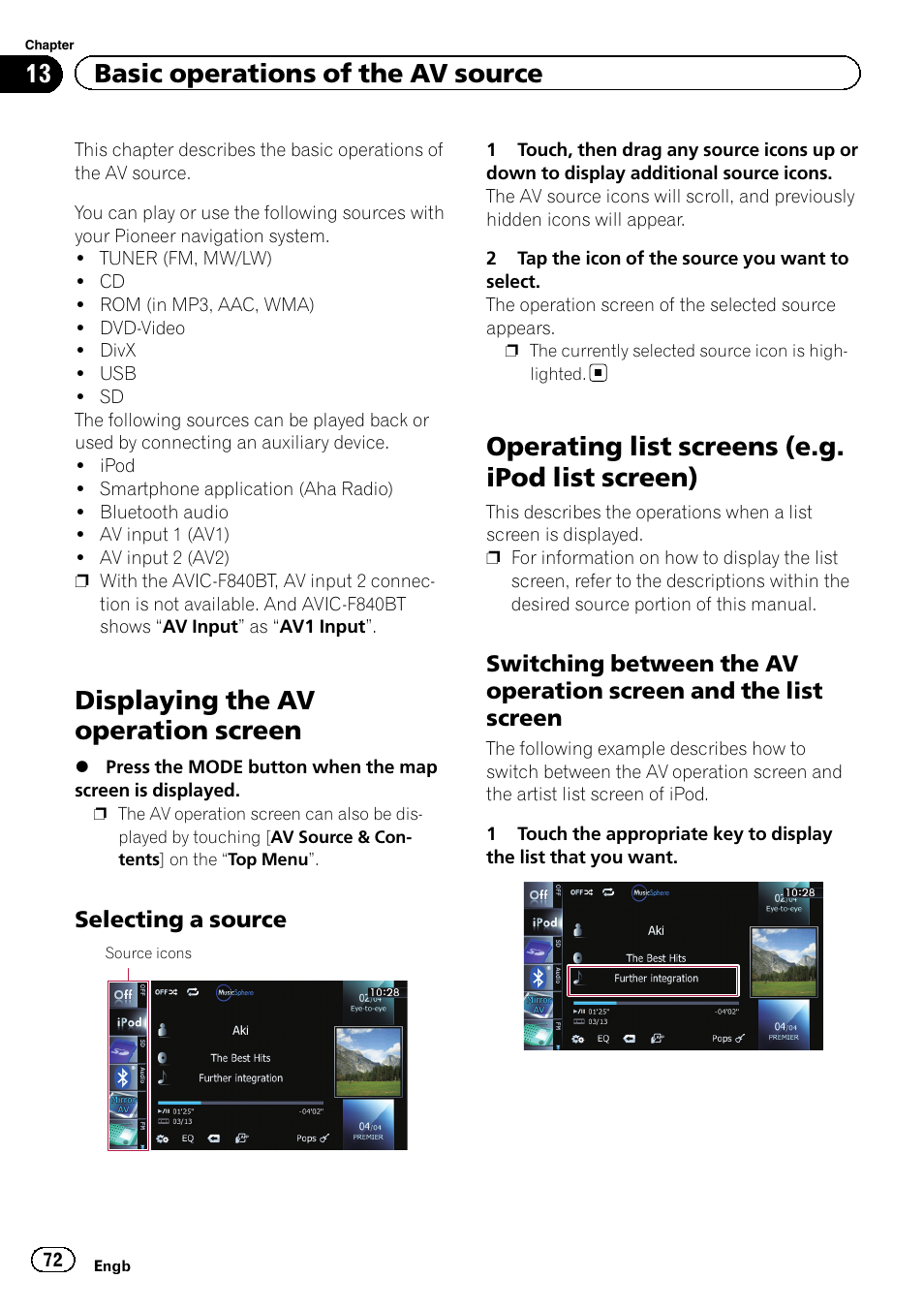 Selecting a source 72, Operating list screens (e.g. ipod list, Screen) | Switching between the av operation, Screen and the list screen, Displaying the av operation screen, Operating list screens (e.g. ipod list screen), 13 basic operations of the av source, Selecting a source | Pioneer AVIC-F840BT User Manual | Page 72 / 220