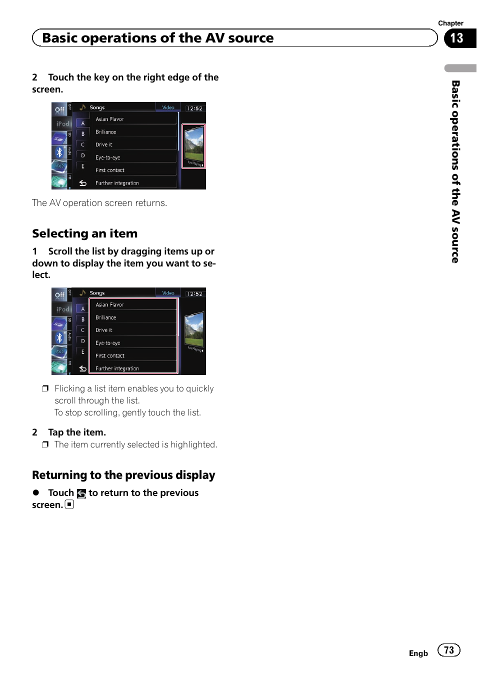 Selecting an item 73, Returning to the previous display 73, Basic operations of the av source | Pioneer AVIC-F840BT User Manual | Page 73 / 220