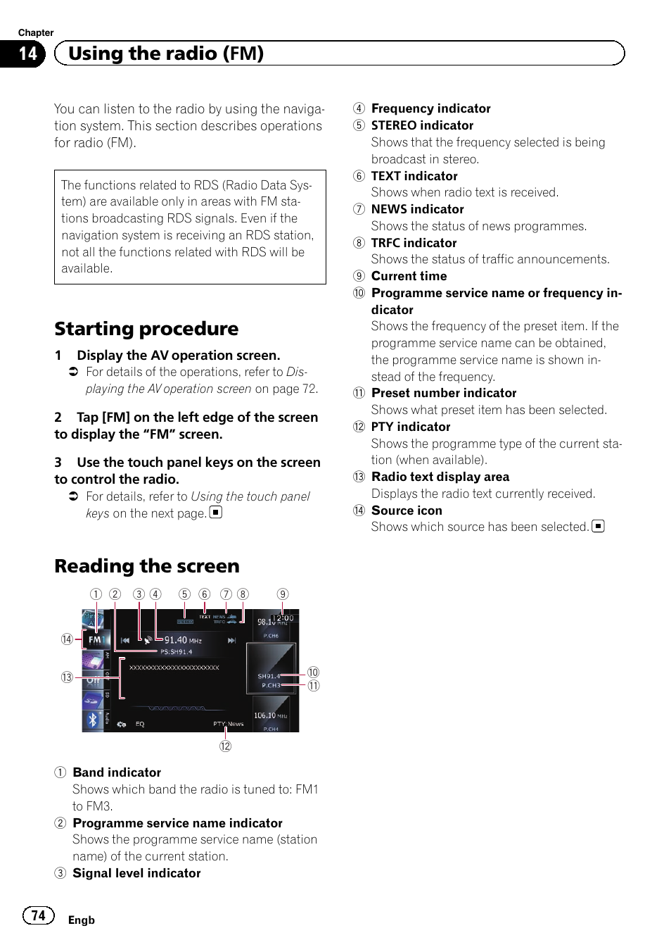 Using the radio (fm) starting procedure, Reading the screen, Starting procedure | 14 using the radio (fm) | Pioneer AVIC-F840BT User Manual | Page 74 / 220