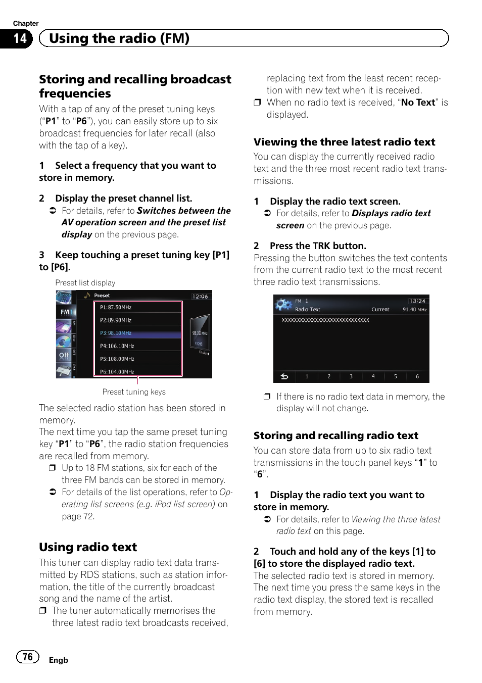 Storing and recalling broadcast, Frequencies, Using radio text 76 | 14 using the radio (fm), Storing and recalling broadcast frequencies, Using radio text | Pioneer AVIC-F840BT User Manual | Page 76 / 220