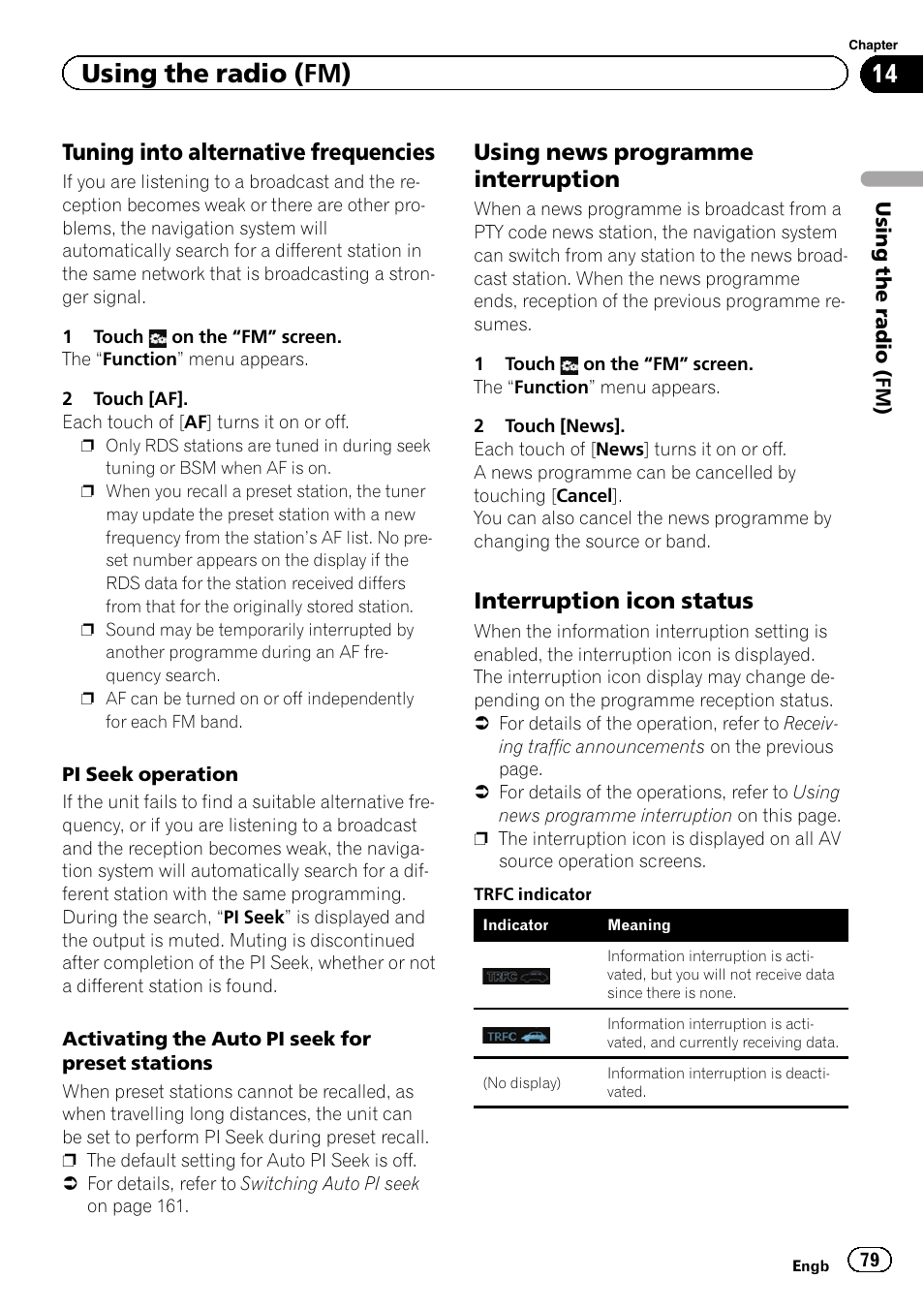 Tuning into alternative frequencies 79, Using news programme, Interruption | Interruption icon status 79, Using the radio (fm), Tuning into alternative frequencies, Using news programme interruption, Interruption icon status | Pioneer AVIC-F840BT User Manual | Page 79 / 220