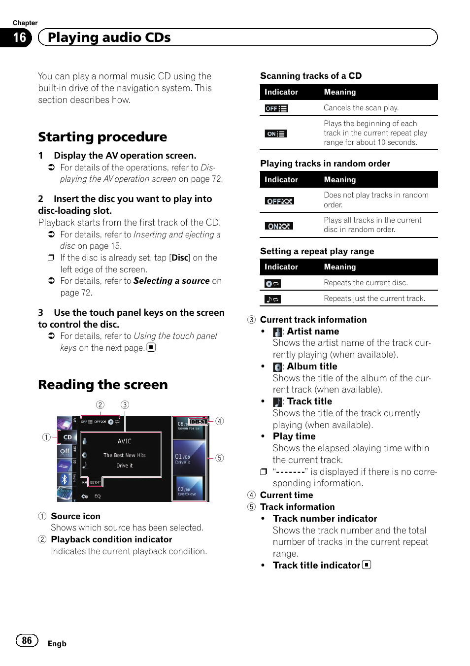 Playing audio cds starting procedure, Reading the screen, Starting procedure | 16 playing audio cds | Pioneer AVIC-F840BT User Manual | Page 86 / 220