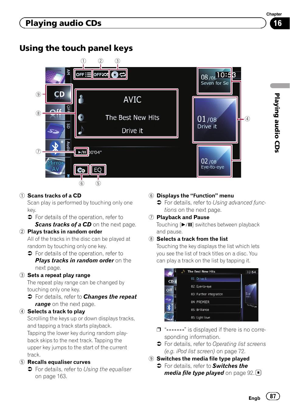 Using the touch panel keys, Using the touch panel, Playing audio cds | Pioneer AVIC-F840BT User Manual | Page 87 / 220