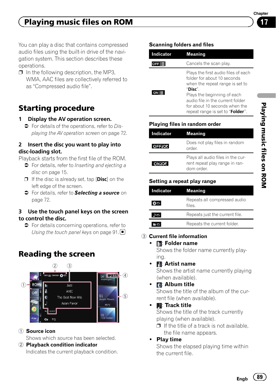 Playing music files on rom starting procedure, Reading the screen, Starting procedure | Playing music files on rom | Pioneer AVIC-F840BT User Manual | Page 89 / 220