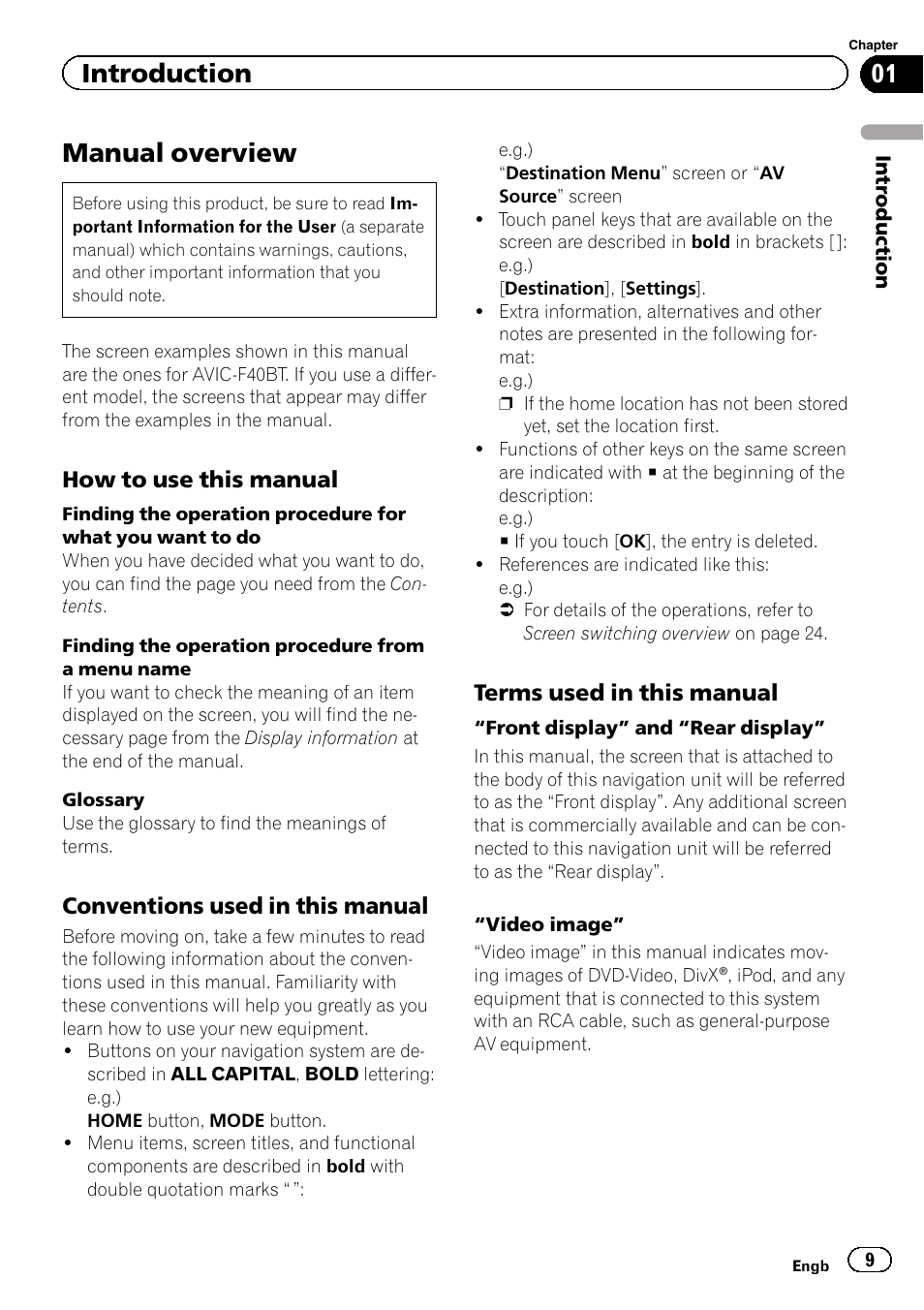 Introduction manual overview, How to use this manual 9, Conventions used in this manual 9 | Terms used in this manual 9, Manual overview, Introduction, How to use this manual, Conventions used in this manual, Terms used in this manual | Pioneer AVIC-F840BT User Manual | Page 9 / 220