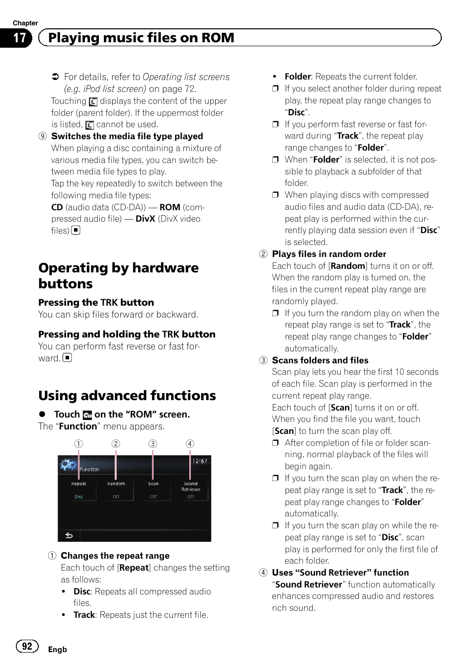 Operating by hardware buttons, Using advanced functions, Switches the | Plays files in ran, Changes the repeat, Using advanced func, 17 playing music files on rom | Pioneer AVIC-F840BT User Manual | Page 92 / 220