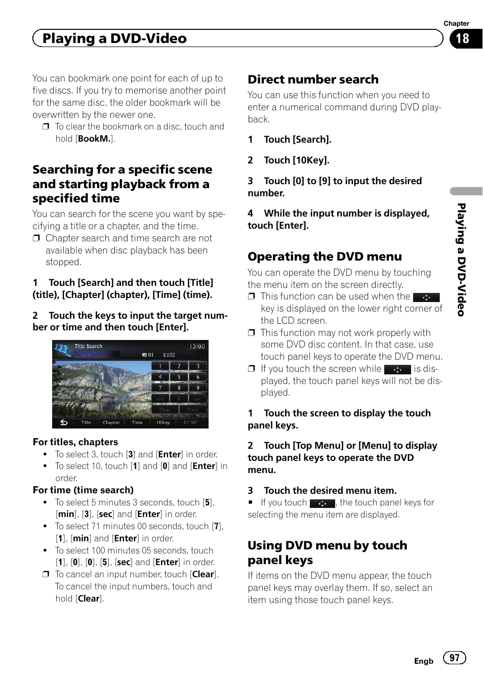 Searching for a specific scene and, Starting playback from a specified time, Direct number search 97 | Operating the dvd menu 97, Using dvd menu by touch panel, Keys, Using dvd menu by, Searching for a speci, Playing a dvd-video, Direct number search | Pioneer AVIC-F840BT User Manual | Page 97 / 220