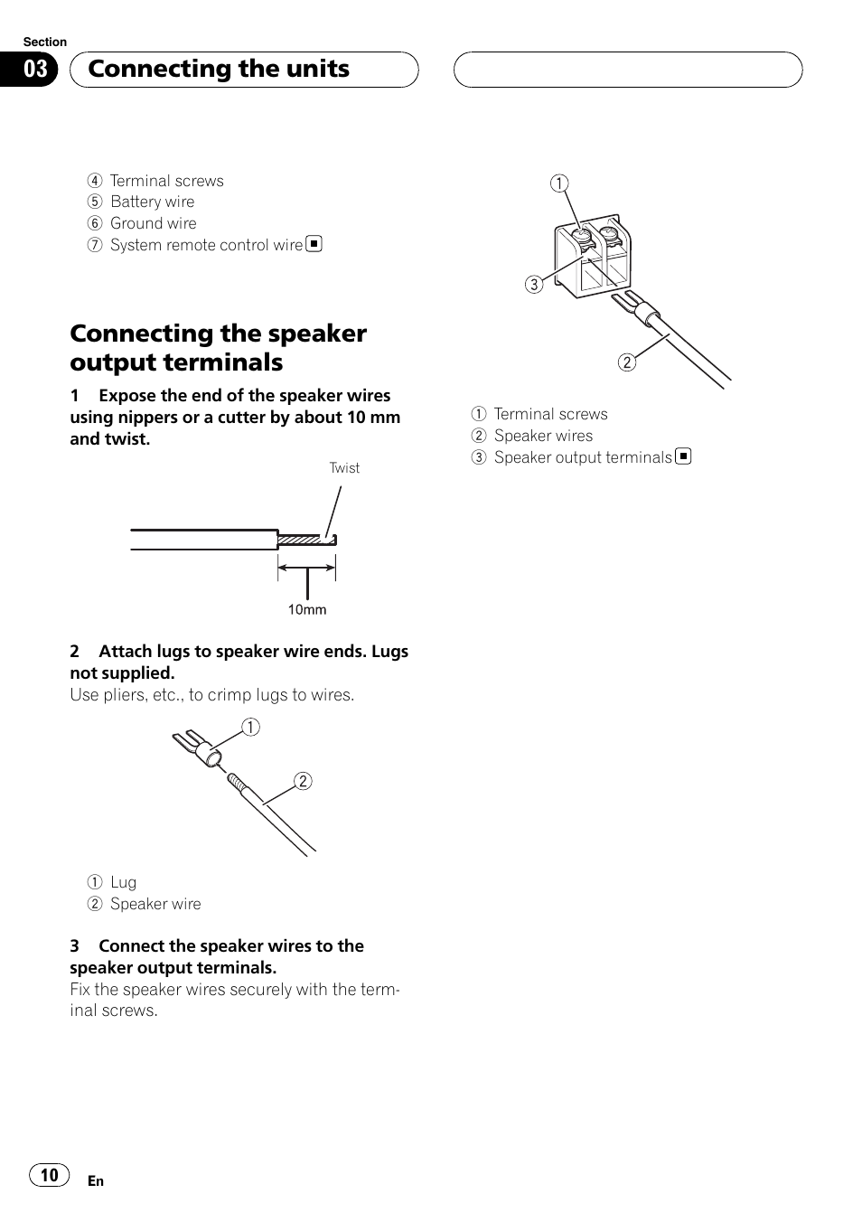 Connecting the speaker output, Terminals, Connecting the speaker output terminals | Connecting the units | Pioneer GM-D8500M User Manual | Page 10 / 88