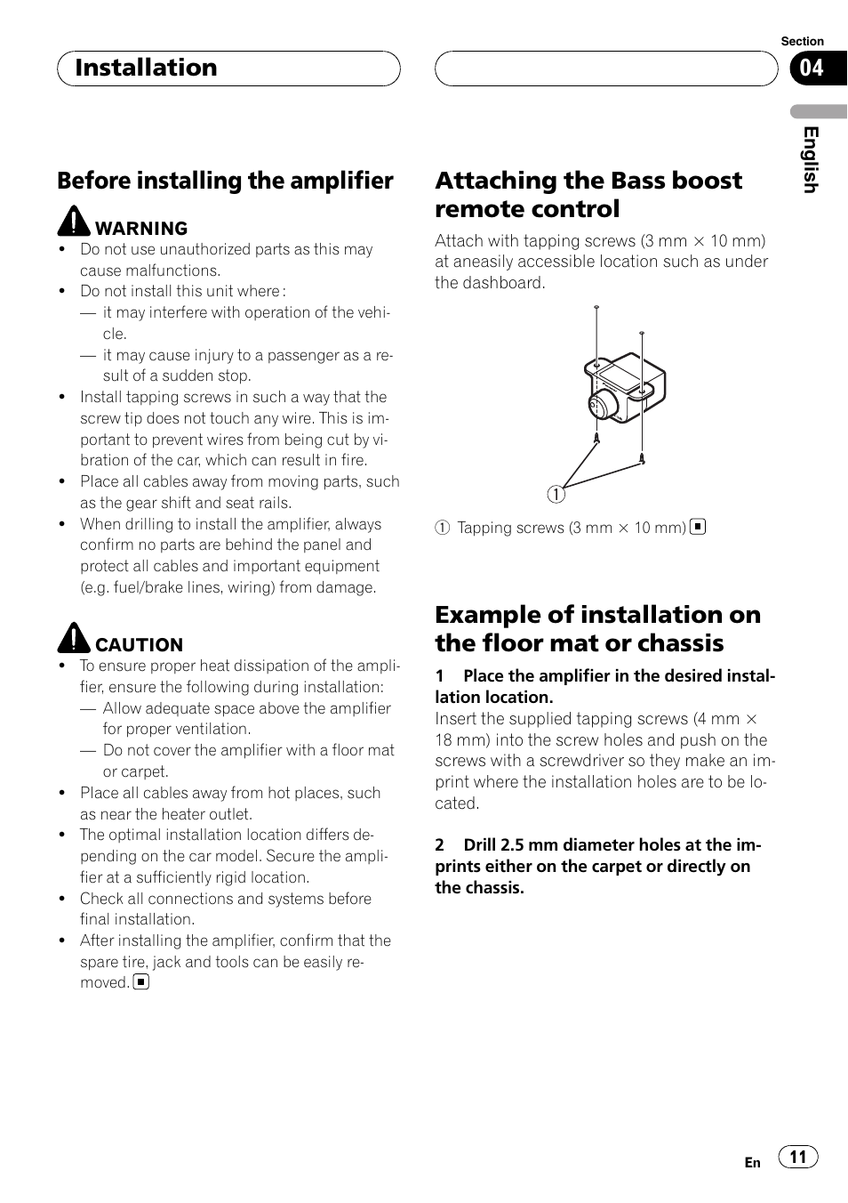 Installation before installing the amplifier, Attaching the bass boost remote control, Example of installation on the floor mat or | Chassis, Before installing the amplifier, Installation | Pioneer GM-D8500M User Manual | Page 11 / 88