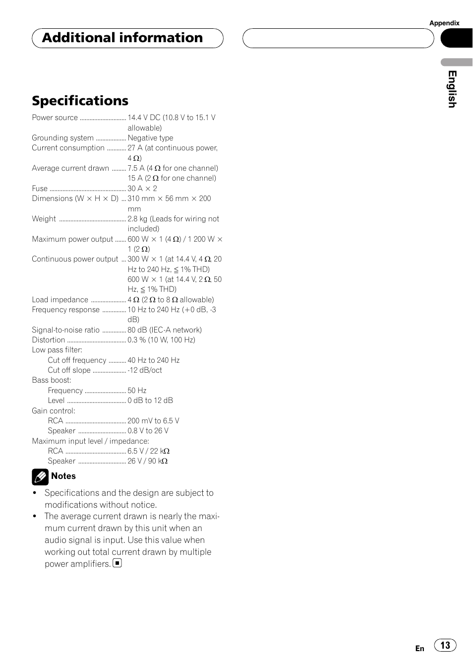 Additional information specifications, Specifications, Additional information | English | Pioneer GM-D8500M User Manual | Page 13 / 88