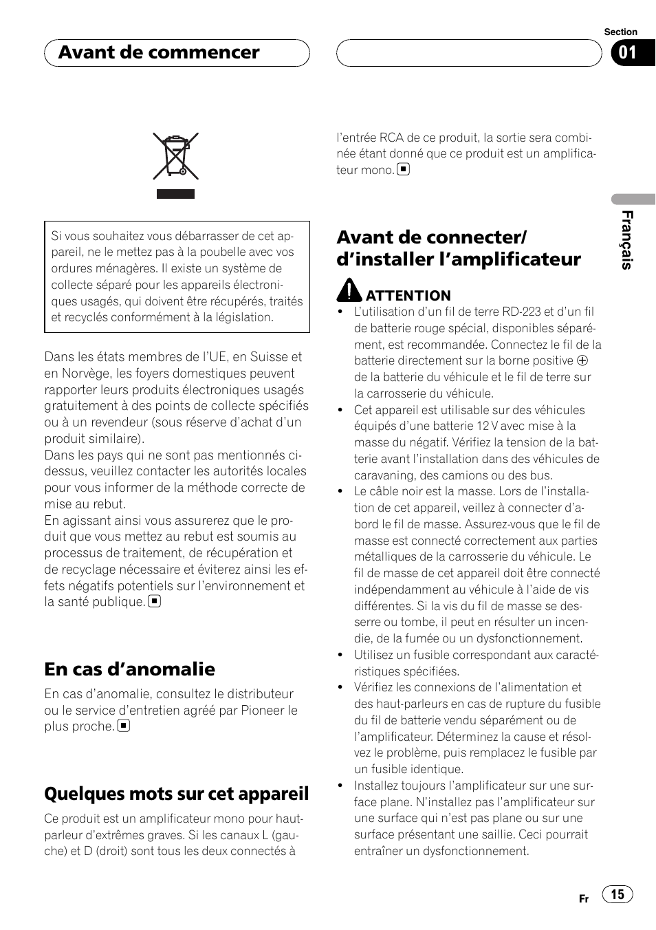 Avant de commencer, En cas d, Anomalie 15 | Quelques mots sur cet appareil, Avant de connecter/d, Installer, Amplificateur 15, En cas d ’anomalie, Avant de connecter/ d ’installer l’amplificateur | Pioneer GM-D8500M User Manual | Page 15 / 88