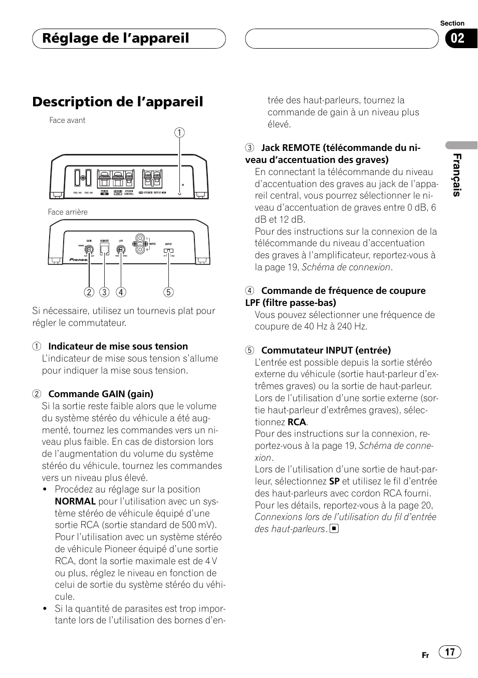 Réglage de l, Appareil, Description de l | Appareil 17, Description de l ’appareil, Réglage de l ’appareil | Pioneer GM-D8500M User Manual | Page 17 / 88