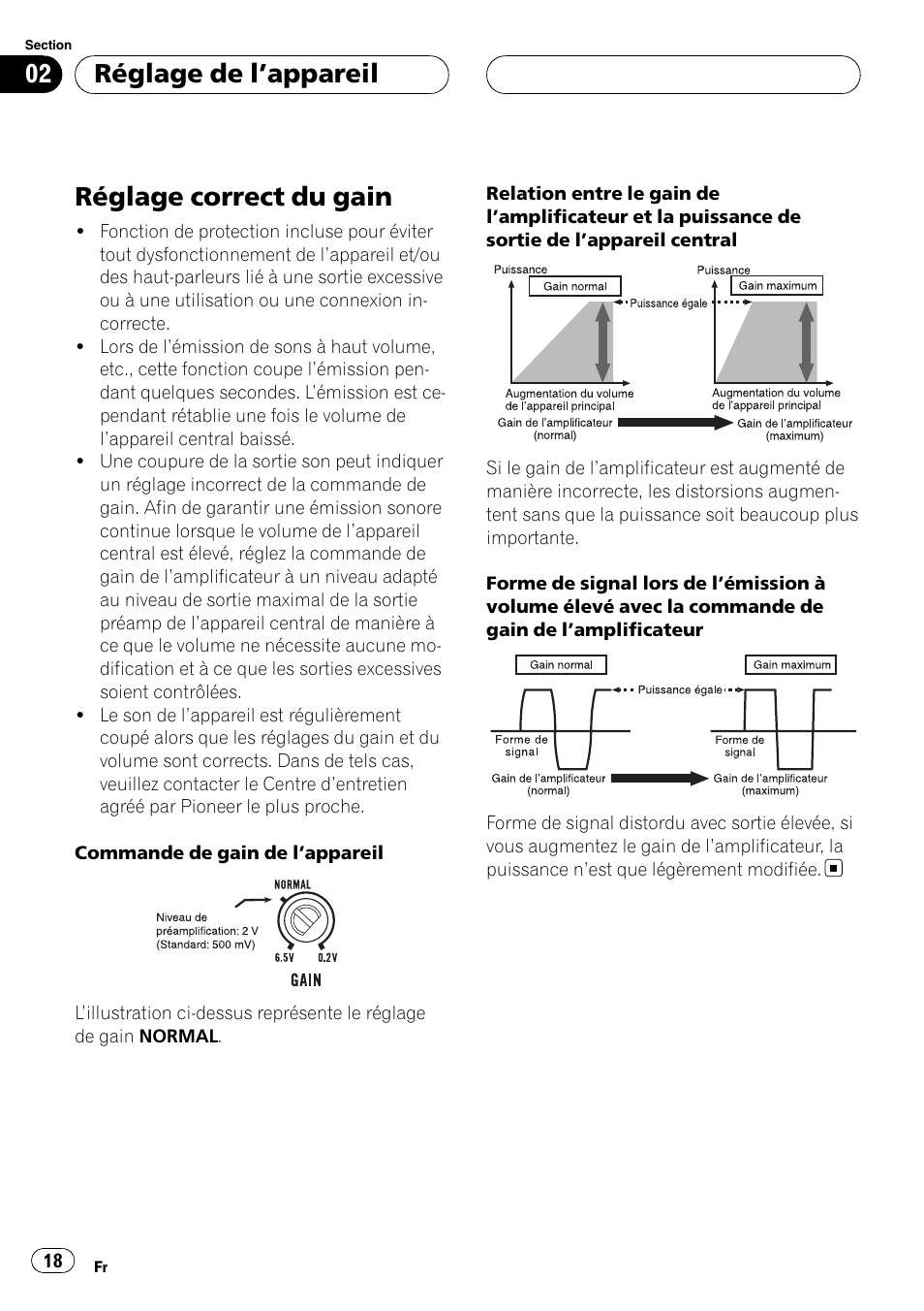 Réglage correct du gain, Réglage de l ’appareil | Pioneer GM-D8500M User Manual | Page 18 / 88
