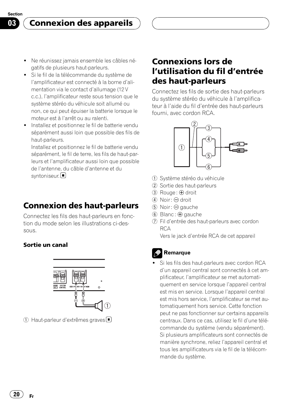 Connexion des haut-parleurs, Connexions lors de l, Utilisation du fil d’entrée | Des haut-parleurs, Connexion des appareils | Pioneer GM-D8500M User Manual | Page 20 / 88