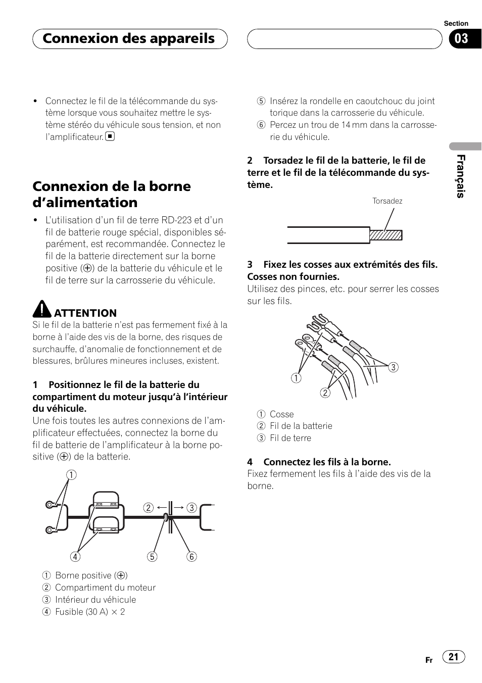 Connexion de la borne d, Alimentation 21, Connexion de la borne d ’alimentation | Connexion des appareils | Pioneer GM-D8500M User Manual | Page 21 / 88