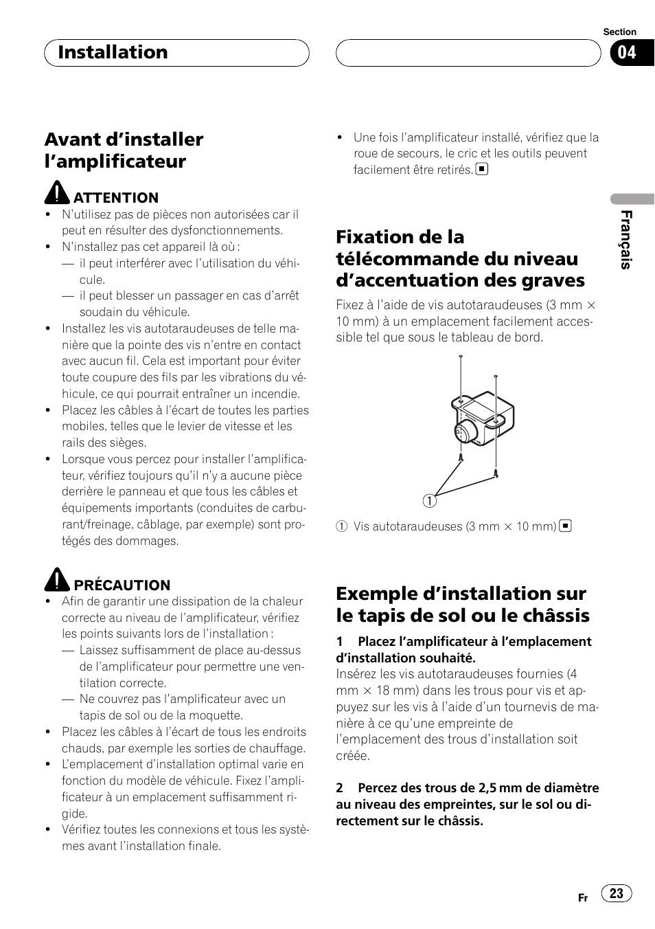 Installation avant d, Installer l’amplificateur 23, Fixation de la télécommande du niveau | Accentuation des graves 23, Exemple d, Installation sur le tapis de sol ou, Le châssis, Avant d ’installer l ’amplificateur, Installation | Pioneer GM-D8500M User Manual | Page 23 / 88