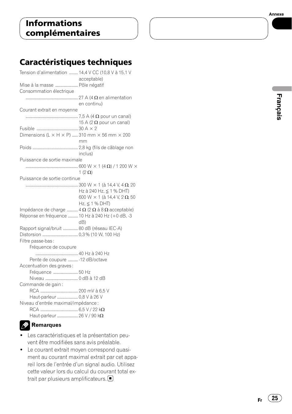 Caractéristiques techniques, Informations complémentaires, Français | Pioneer GM-D8500M User Manual | Page 25 / 88